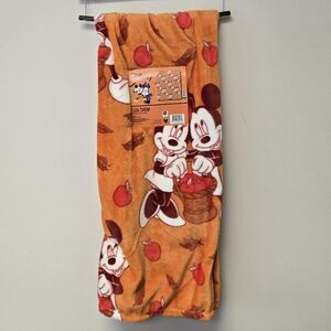 Disney Mickey Mouse Minnie Fall Leaves and Apples Plush Throw Blanket Orange
